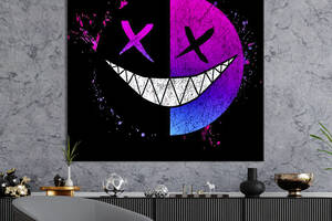 Картина в офис KIL Art Эмодзи со злобной улыбкой на чёрном фоне 80х80 см (1art_75)