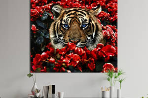 Картина в офис KIL Art Голубоглазый тигр среди красных цветов 80х80 см (1art_91)