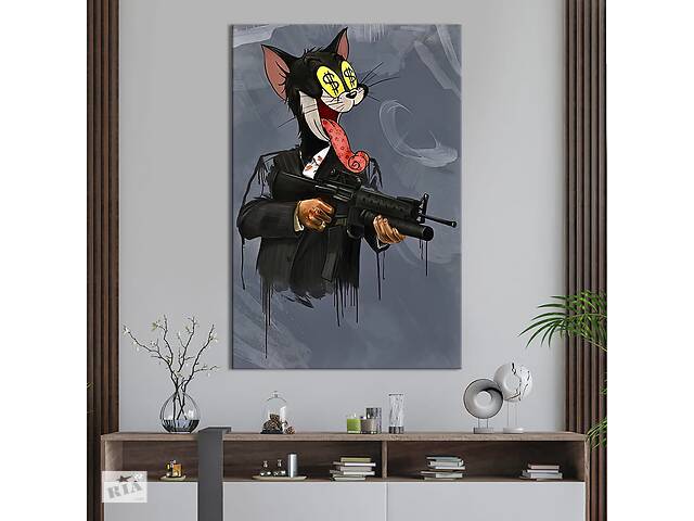 Картина в офис KIL Art Мультяшный кот Том с автоматом на сером фоне 80x54 см (2art_16)