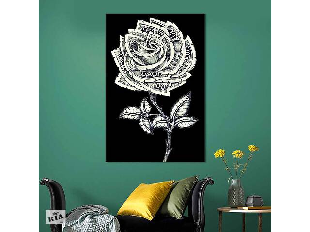 Картина в офис KIL Art Необычная роза из денег на чёрном фоне 120x80 см (2art_205)