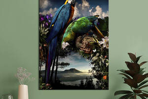 Картина в офис KIL Art Пара попугаев ара на красивой цветущей арке 80x54 см (2art_48)