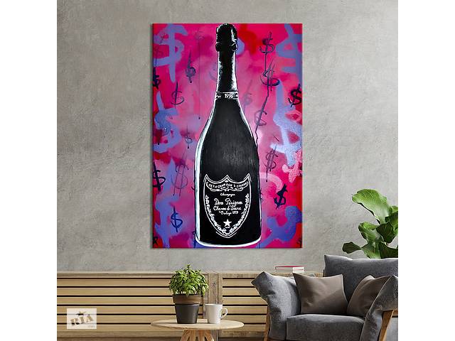 Картина в офис KIL Art Поп-арт чёрная бутылка шампанского 51x34 см (2art_251)