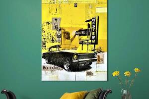 Картина в офис KIL Art Поп-арт чёрная машина на жёлтом фоне 80x54 см (2art_318)