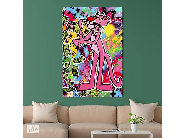 Картина в офис KIL Art Поп-арт Розовая пантера с долларами на пёстром фоне 120x80 см (2art_84)