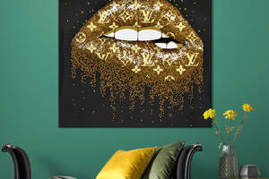 Картина в офис KIL Art Поп-арт золотые губы с узором Louis Vuitton 80х80 см (1art_23)