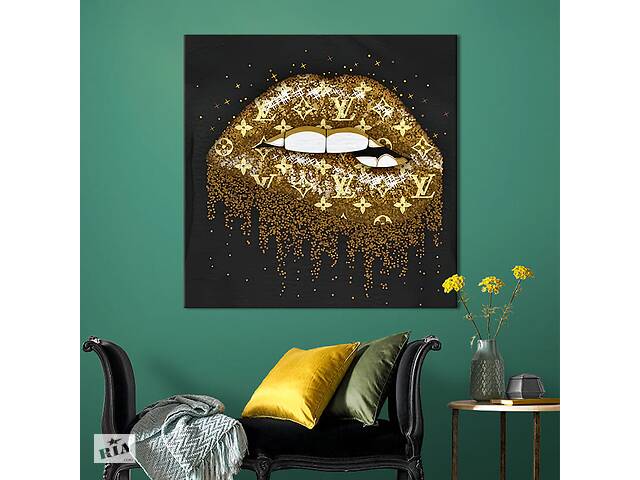 Картина в офис KIL Art Поп-арт золотые губы с узором Louis Vuitton 80х80 см (1art_23)
