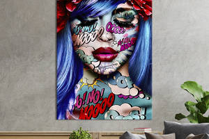 Картина в офис KIL Art Синеволосая девушка в поп-арт надписях 80x54 см (2art_272)