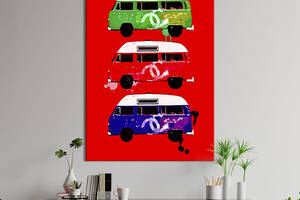 Картина в офис KIL Art Цветные автобусы со знаком Шанель на красном фоне 120x80 см (2art_150)