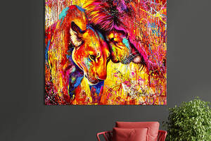 Картина в офис KIL Art Яркая абстракция лев и львица 80х80 см (1art_13)