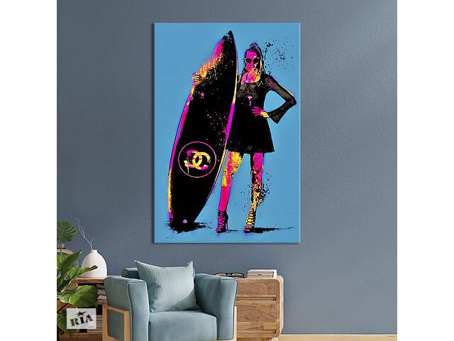 Картина в офис KIL Art Яркая девушка с доской для серфинга Шанель 120x80 см (2art_153)