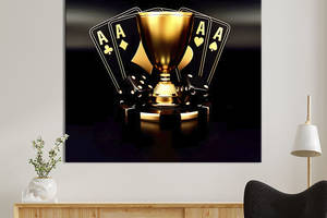 Картина в офис KIL Art Золотой кубок и каре из тузов на чёрном фоне 80х80 см (1art_30)