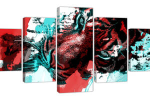 Картина из 5 частей на холсте KIL Art Морда тигра в красном и синем цвете 162x80 см (m52_L_35)