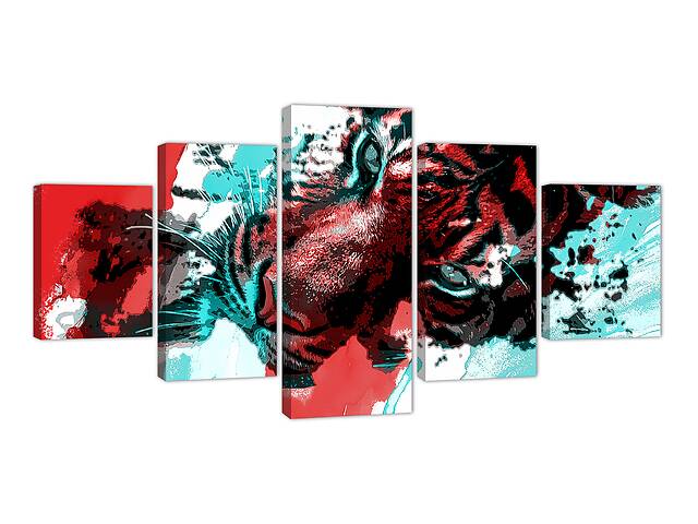 Картина из 5 частей на холсте KIL Art Морда тигра в красном и синем цвете 162x80 см (m52_L_35)