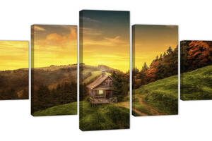 Картина из 5 частей на холсте KIL Art Пейзаж домик в горах и рассвет солнца 187x94 см (m52_XL_45)