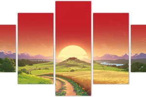 Картина из 5 частей на холсте KIL Art Пейзаж гор,тропинки в деревню , поля и заката солнца 162x80 см (m52_L_51)