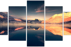 Картина из 5 частей на холсте KIL Art Пейзаж снежных гор с озером и восходом солнца 162x80 см (m52_L_47)