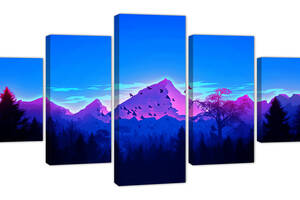 Картина из 5 частей на холсте KIL Art Птицы на фоне пейзажа гор и леса в синих тонах 162x80 см (m52_L_22)