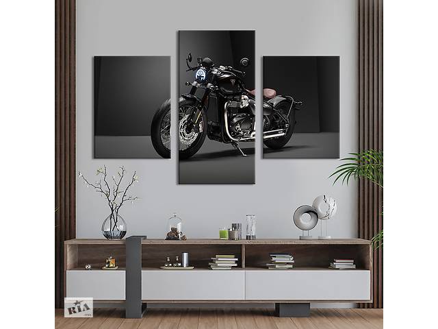 Картина из трех панелей KIL Art триптих Брутальный чёрный байк Triumph Bobber Bonneville 96x60 см (1406-32)