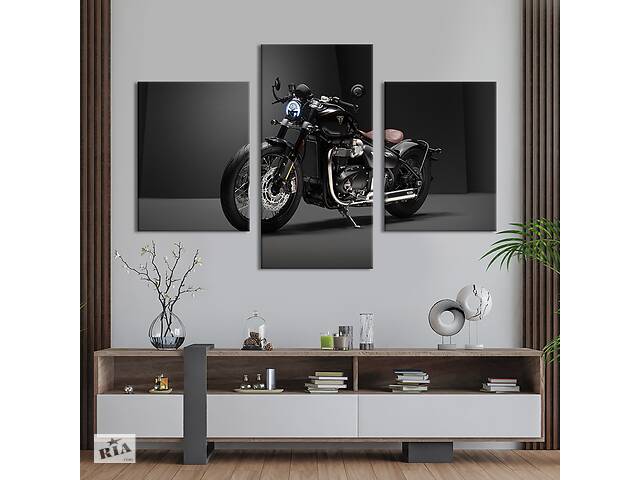 Картина из трех панелей KIL Art триптих Брутальный чёрный байк Triumph Bobber Bonneville 66x40 см (1406-32)