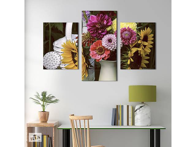 Картина из трех панелей KIL Art триптих Букет цветов и белая лейка 96x60 см (837-32)