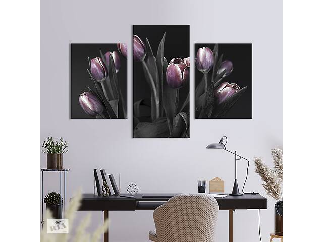 Картина из трех панелей KIL Art триптих Мрачные фиолетовые тюльпаны 96x60 см (882-32)