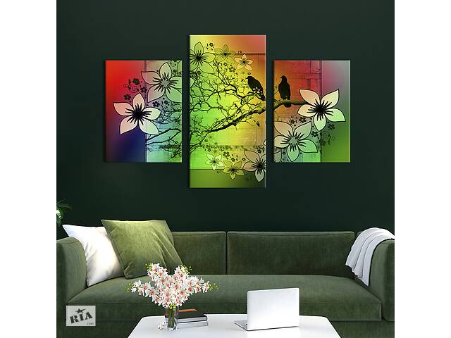 Картина из трех панелей KIL Art триптих Силуэты птиц на цветущей ветке 141x90 см (798-32)