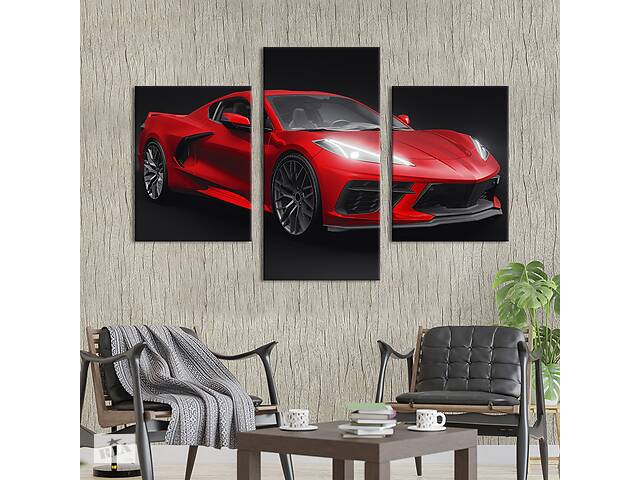 Картина из трех панелей KIL Art триптих Яркий красный Chevrolet Corvette 141x90 см (1408-32)