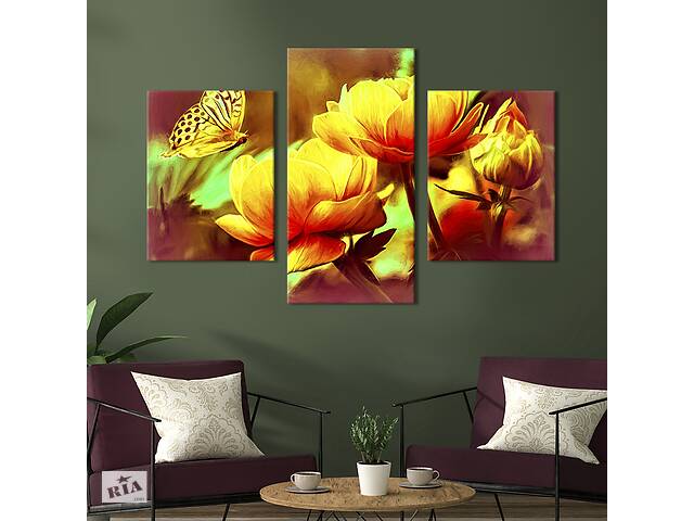 Картина из трех панелей KIL Art триптих Жёлтые тюльпаны и бабочка 66x40 см (788-32)