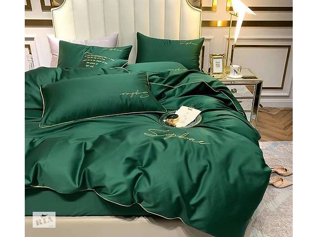 Комплект постельного белья сатин Crown Lux евро темно-зеленый (44474)