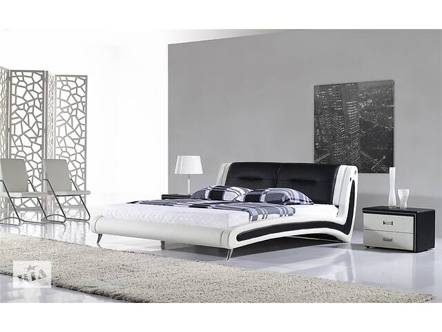 Кожаная двуспальная кровать Sonata Mobel B208 Бело-черная