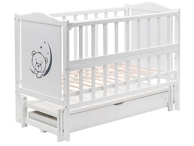 Кровать Babyroom Тедди T-03 фигурное быльце, маятник продольный, ящик, откидной бок белый