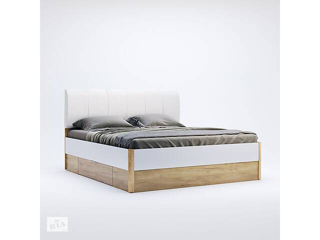 Kровать Миро-Марк Асти 2000 x 1600 с мягкой спинкой и ящиками Дуб крафт Белый глянец (56906)