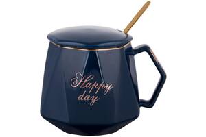 Кружка фарфоровая Coffee Prelude 'Happy Day' 420мл с крышкой и ложкой, синяя