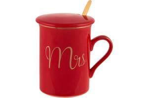 Кружка фарфоровая Coffee Prelude 'Mrs' 380мл с крышкой и ложкой, красная