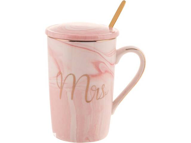 Кружка фарфоровая Coffee Prelude 'Mrs' 420мл с крышкой и ложкой, розовый мрамор