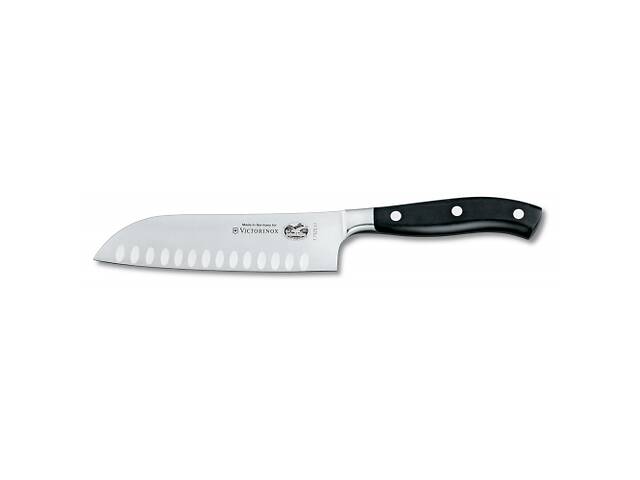 Кухонний кований ніж Victorinox Santoku Grand Maitre з повітряними кишенями 170 мм у подарунковій коробці Чорний (7.7...