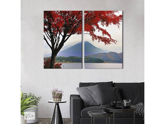Модульная картина на холсте KIL Art Дерево с красными листьями и вулкан 71x51 см (558-2)