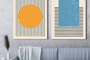 Модульная картина на холсте KIL Art диптих Черные полосы, оранжевый круг и синий прямоугольник 103x67 см (MK21276)