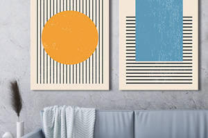 Модульная картина на холсте KIL Art диптих Черные полосы, оранжевый круг и синий прямоугольник 79x50 см (MK21276)