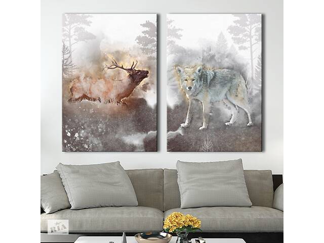 Модульная картина на холсте KIL Art диптих Животные Олень и волк в лесу 103x67 см (MK21212)