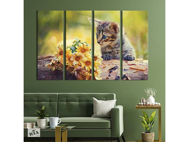 Модульная картина на холсте KIL Art полиптих Котёнок с жёлтыми цветами 209x133 см (152-41)