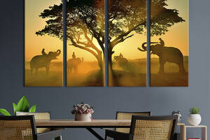 Модульная картина на холсте KIL Art полиптих Погонщики на слонах в лучах заката 209x133 см (173-41)
