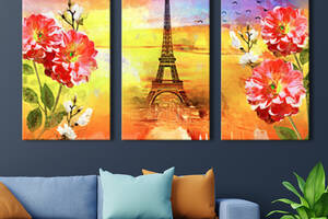 Модульная картина на холсте KIL Art триптих Архитектура Ейфелевая башня и яркие цветы 78x48 см (MK311637)