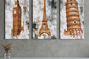 Модульная картина на холсте KIL Art триптих Архитектура Биг Бен, Эйфеливая башня, Пизанськая башня 156x100 см