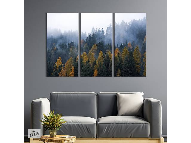 Модульная картина на холсте KIL Art триптих Белый туман над лесом 128x81 см (638-31)