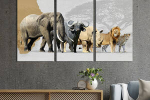 Модульная картина на холсте KIL Art триптих Большая африканская пятёрка животных 128x81 см (158-31)