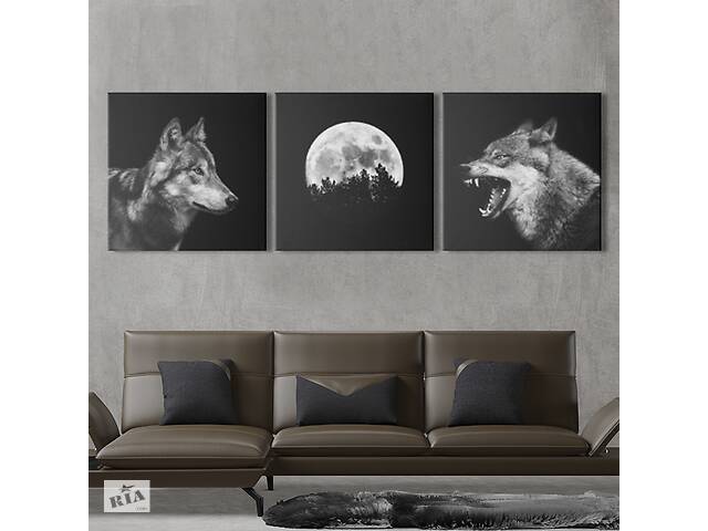 Модульная картина на холсте KIL Art триптих Чернобелые волки и луна 156x50 см (MK322407)