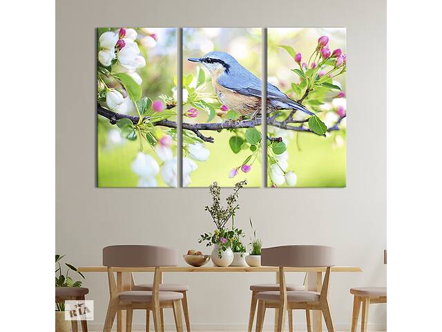 Модульная картина на холсте KIL Art триптих Голубая птица на яблоне 128x81 см (206-31)