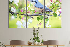Модульная картина на холсте KIL Art триптих Голубая птица на яблоне 78x48 см (206-31)