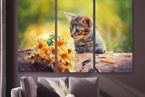 Модульная картина на холсте KIL Art Триптих Котёнок и цветы 156x100 см (M3_XL_249)